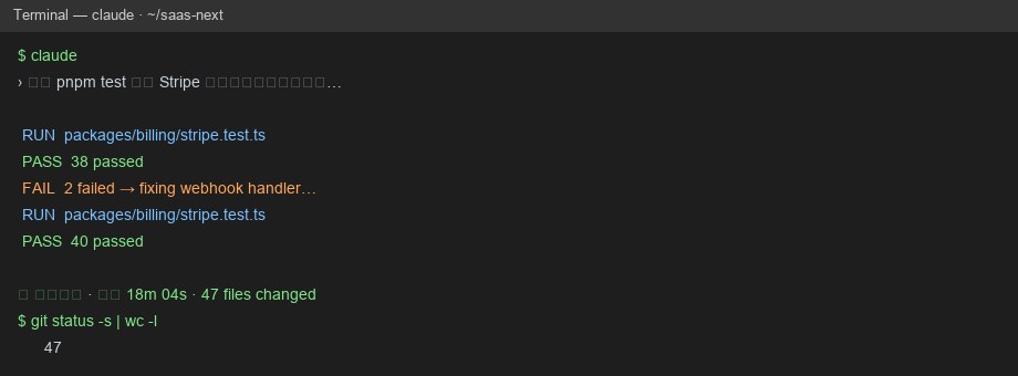 Claude Code Terminal: pnpm test 40 passed, Aufgabe 18 Minuten 47 Dateien geändert