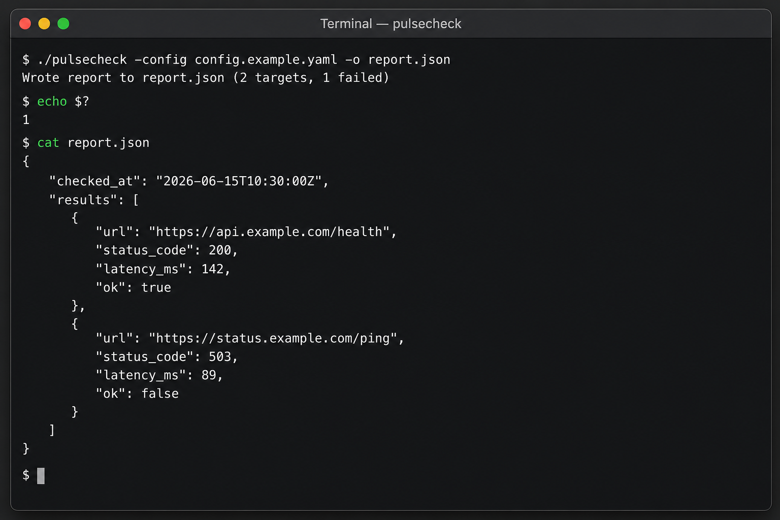 pulsecheck 完成画面：./pulsecheck 実行後 report.json に api.example.com 200 と status.example.com 503 のプローブ結果